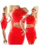 Exkluzívny dámsky letný kostým- súprava s háčkovaním top sukňa - červená
