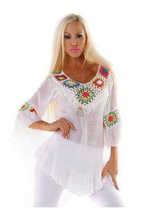 Dámska letná plážová tunika kaftan s krajkou - biela