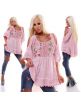 Dámska oversized tunika/blúzka s kvetinovou krajkou s otvoreným ramenom - ružová