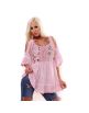 Dámska oversized tunika/blúzka s kvetinovou krajkou s otvoreným ramenom - ružová