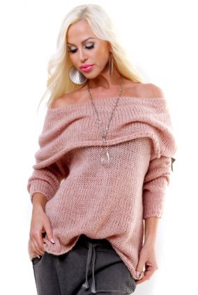 Exkluzívny dámsky pletený sveter pulover oversized MEGA - ružová