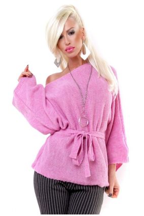 Dámsky pletený sveter pulover s opaskom - ružová
