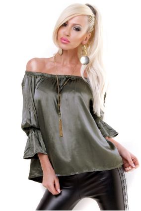Dámska oversized blúzka tunika s volánom - olivová