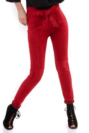 Dámske zimné semišové elastické bedrové nohavice - červená