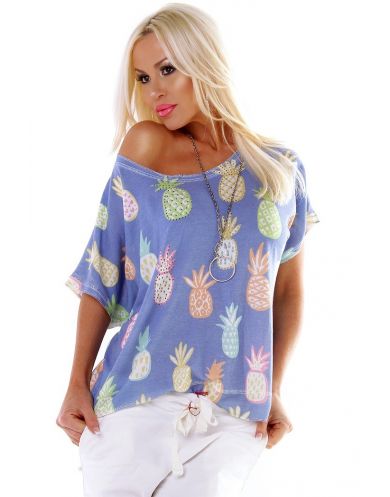 Dámska letná oversized tunika tričko s potlačou "Ananas" - modrá