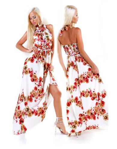 Dámske dlhé letné Maxi šaty s kvetinovou potlačou s opaskom - biela